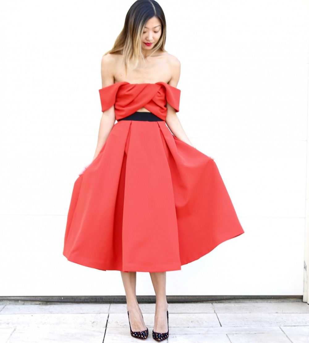 Self Portrait Red Off-Shoulder Ayelette Full Skirt Cutout Midi Dress US 4